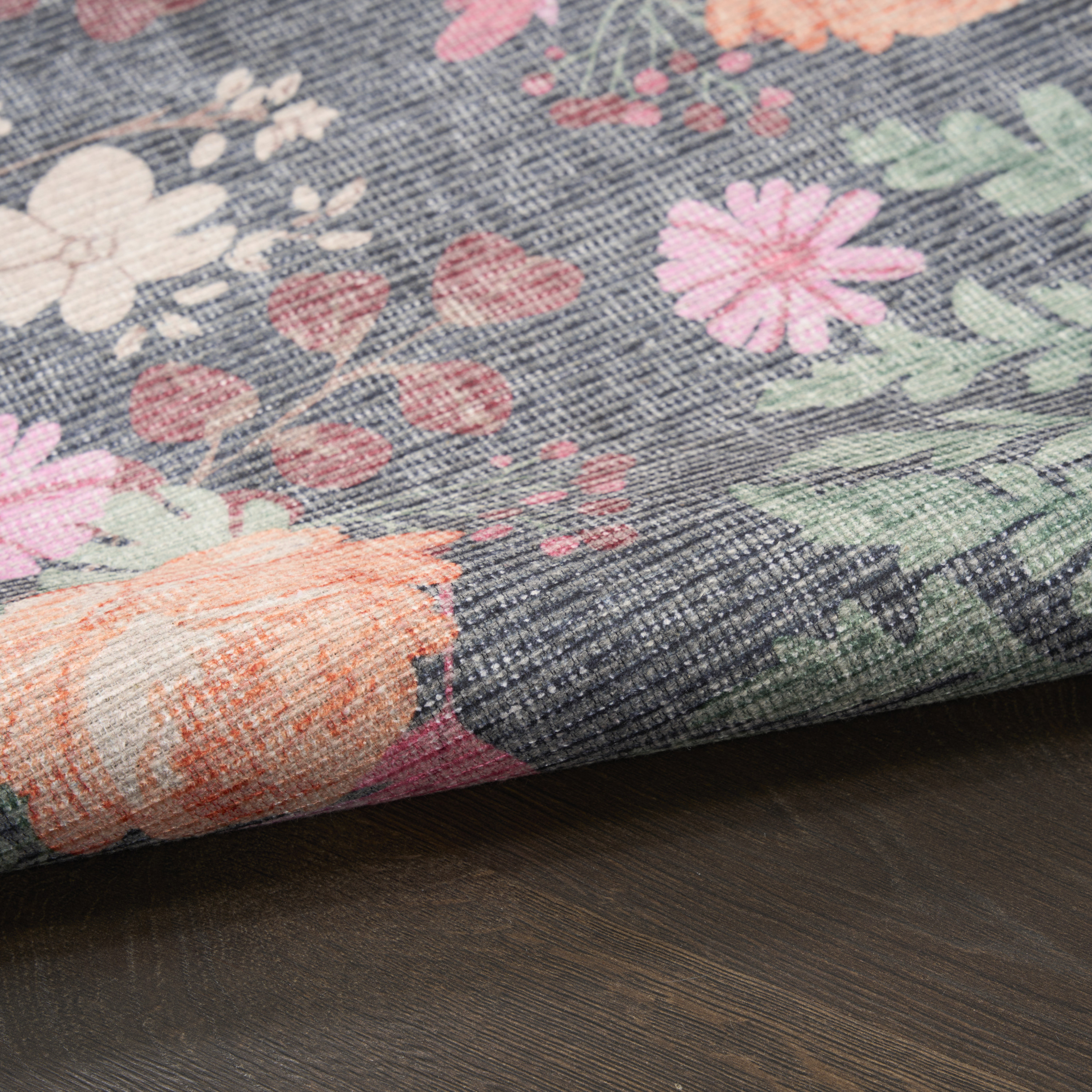 Nourison Botanical Washables 2' x 6' Charcoal Multicolor Farmhouse Indoor Rug