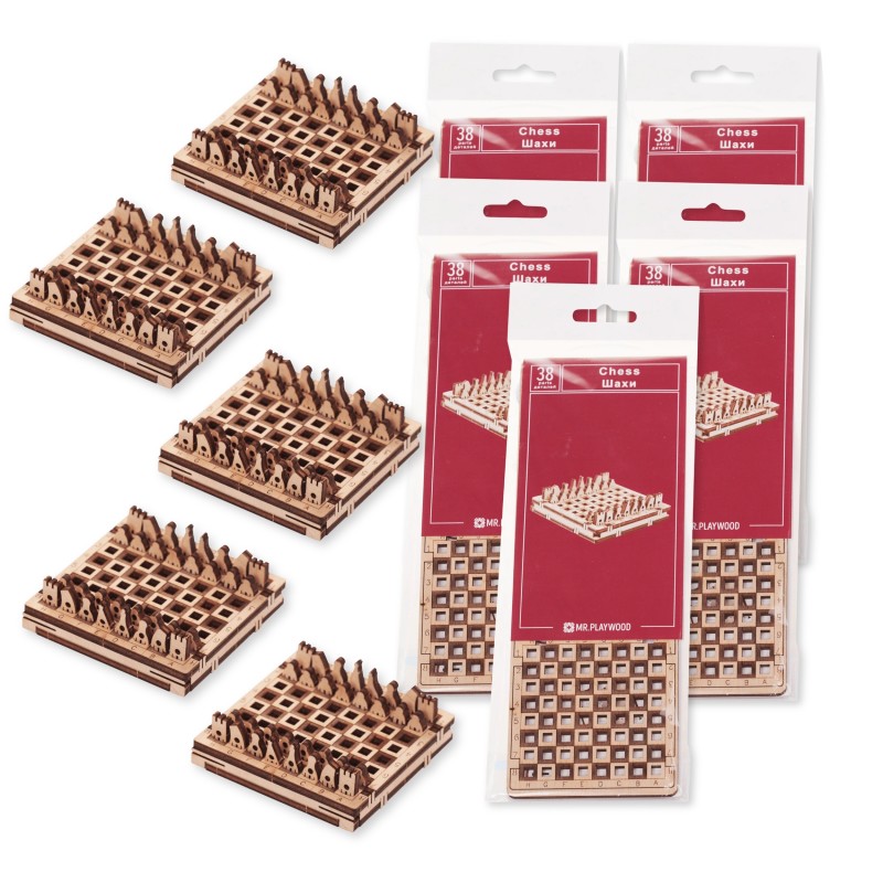 Travel Chess Wooden Model Kits with Storage Box, Natural Wood, 5-Pack