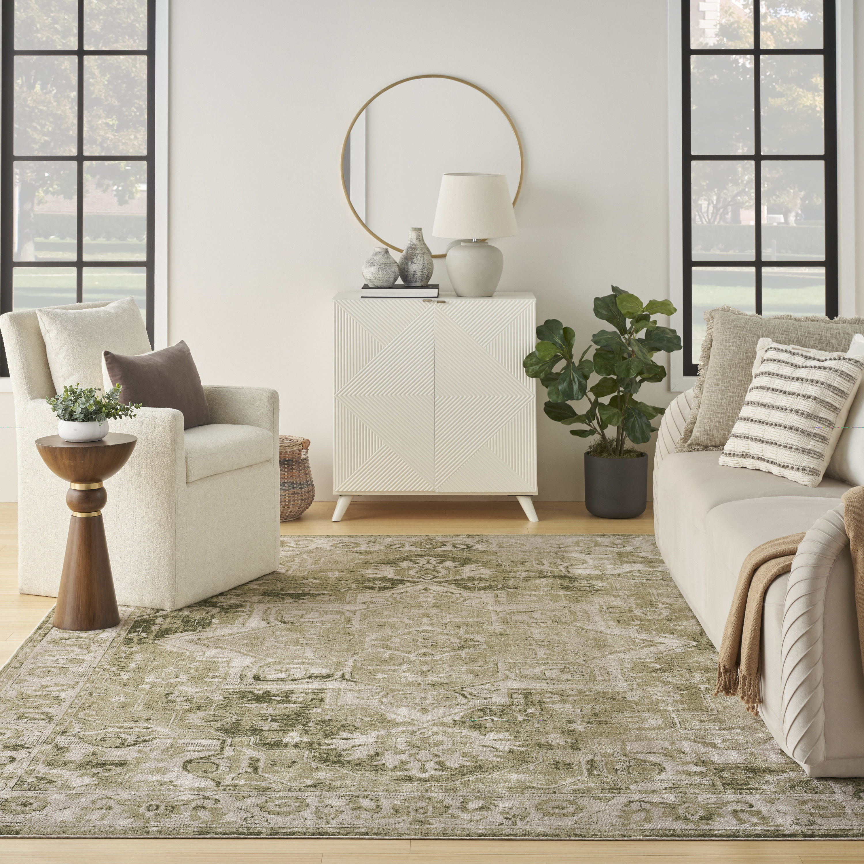 Nourison Astra Machine Washable 9' x 12' Ivory Green Vintage Indoor Rug