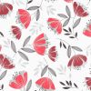 Repeating floral fabric/wallpaper with stylized red and gray blossoms and linear black-and-gray leaves, printed across the surface, on a flat white background with even lighting.