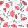 Repeating floral fabric/wallpaper with stylized red and gray blossoms and linear black-and-gray leaves, printed across the surface, on a flat white background with even lighting.