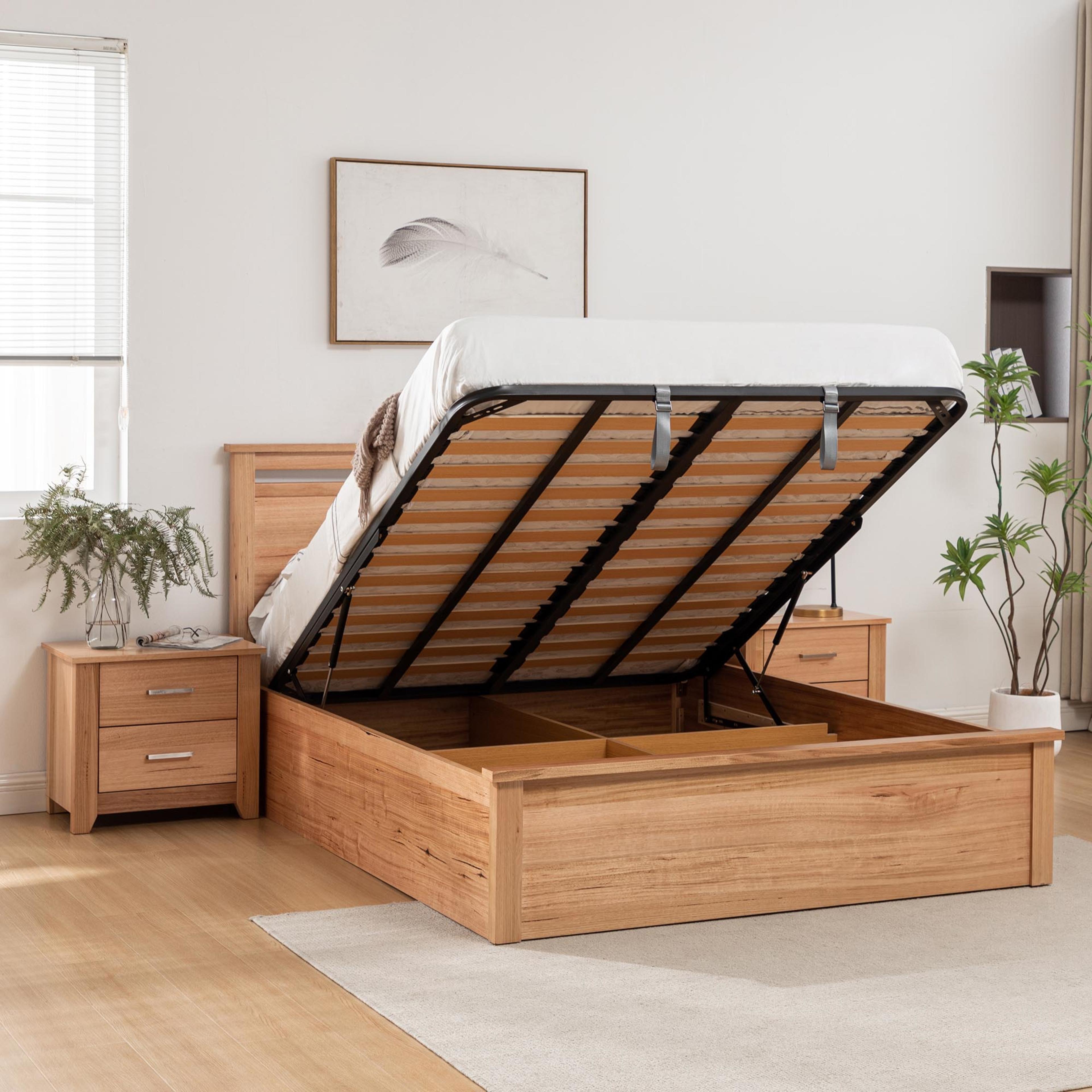 Lifestyle image of the  Portland Bed Frame, Gas Lift Base, Natural from Forty Winks