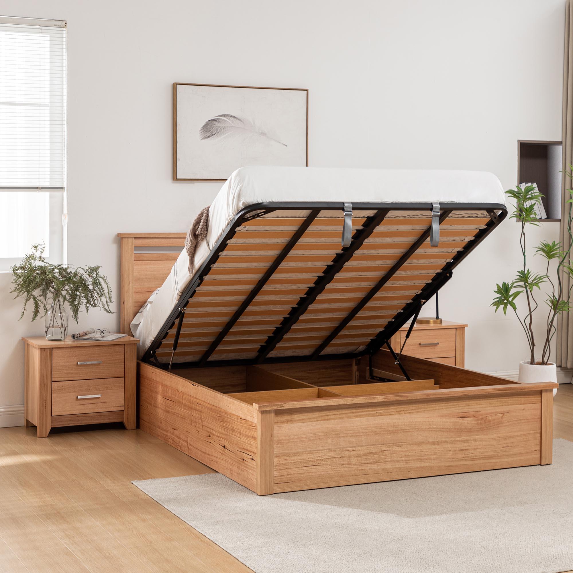 Lifestyle image of the  Portland Bed Frame, Gas Lift Base, Natural from Forty Winks
