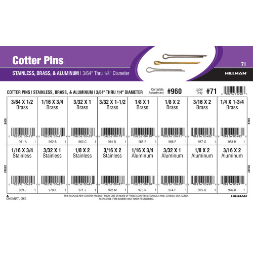 Stainless, Brass, & Aluminum Cotter Pins Assortment (3/64