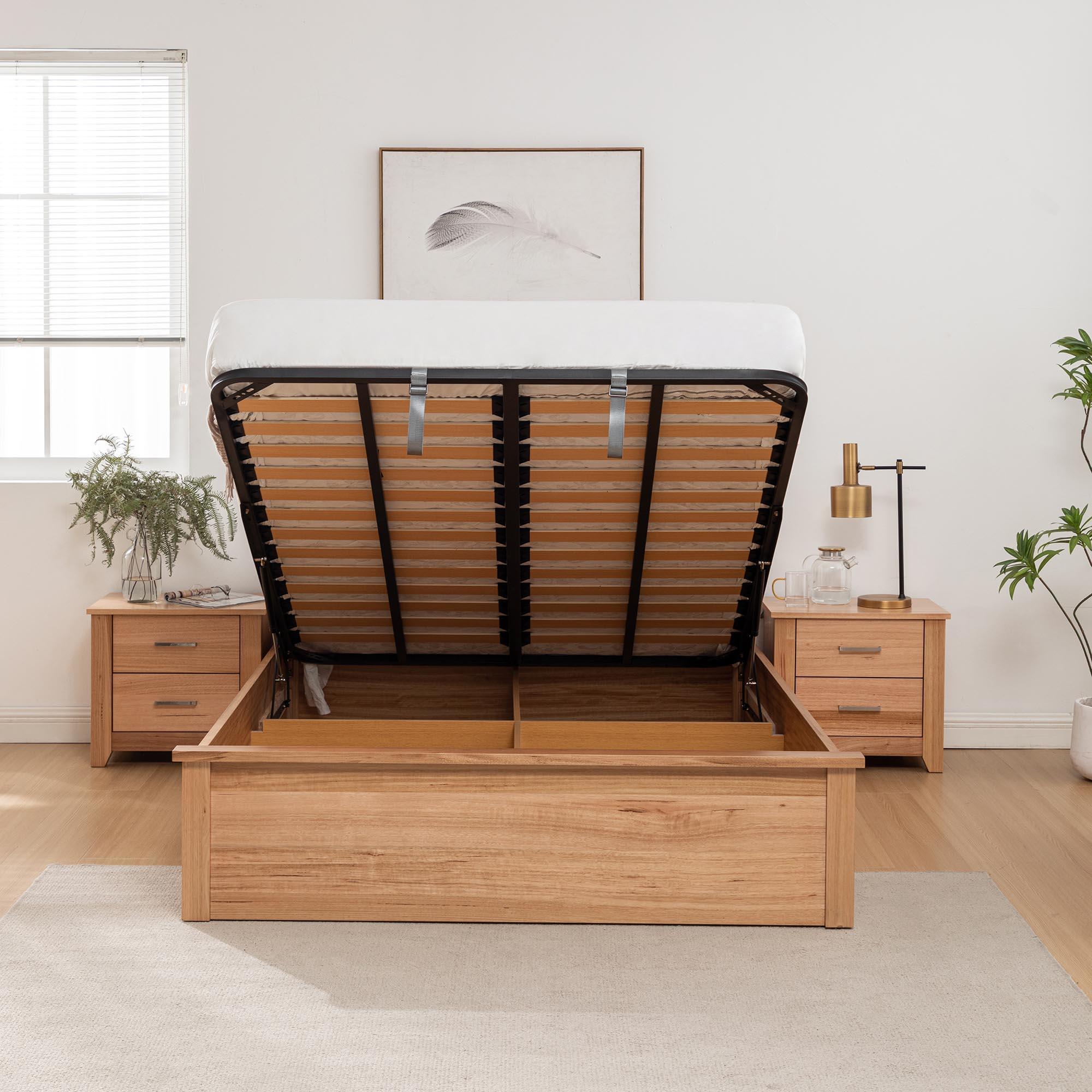 Lifestyle image of the  Portland Bed Frame, Gas Lift Base, Natural from Forty Winks