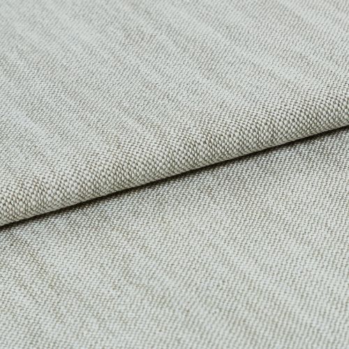 A beige, tightly woven upholstery fabric folded once, revealing a textured basket-weave edge; lying flat on a neutral surface under soft, even studio lighting.