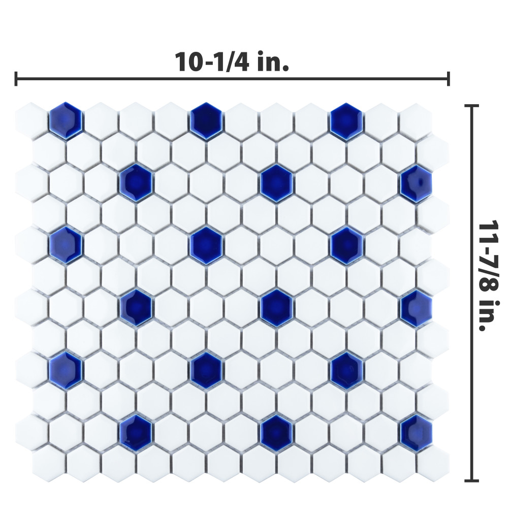 Metro Ion 1″ Hex Sapphire Dot w/Glossy White 10-1/4 in. x 11-7/8 in. Porcelain Mosaic Tile