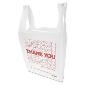 Inteplast, "Thank You" Handled T-Shirt Bag, Have a Nice Day Labeling, Cut-Out Handles, 11.5" x 6.5" x 21", White/Red,