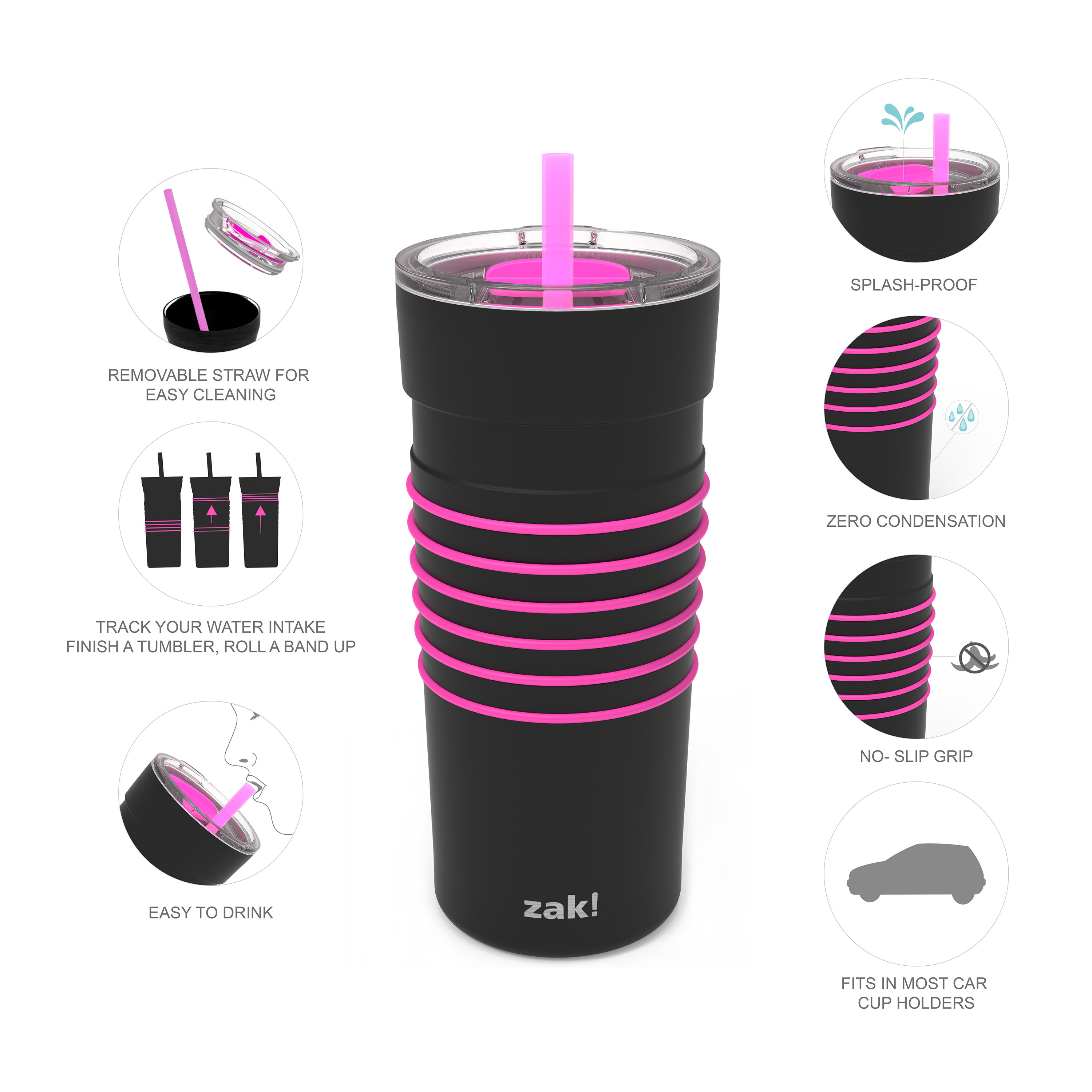 HydraTrak 20 ounce Vacuum Insulated Stainless Steel Tumbler, Black with Pink Rings slideshow image 3 HydraTrak 20 ounce Vacuum Insulated Stainless Steel Tumbler, Black with Pink Rings slideshow image 3