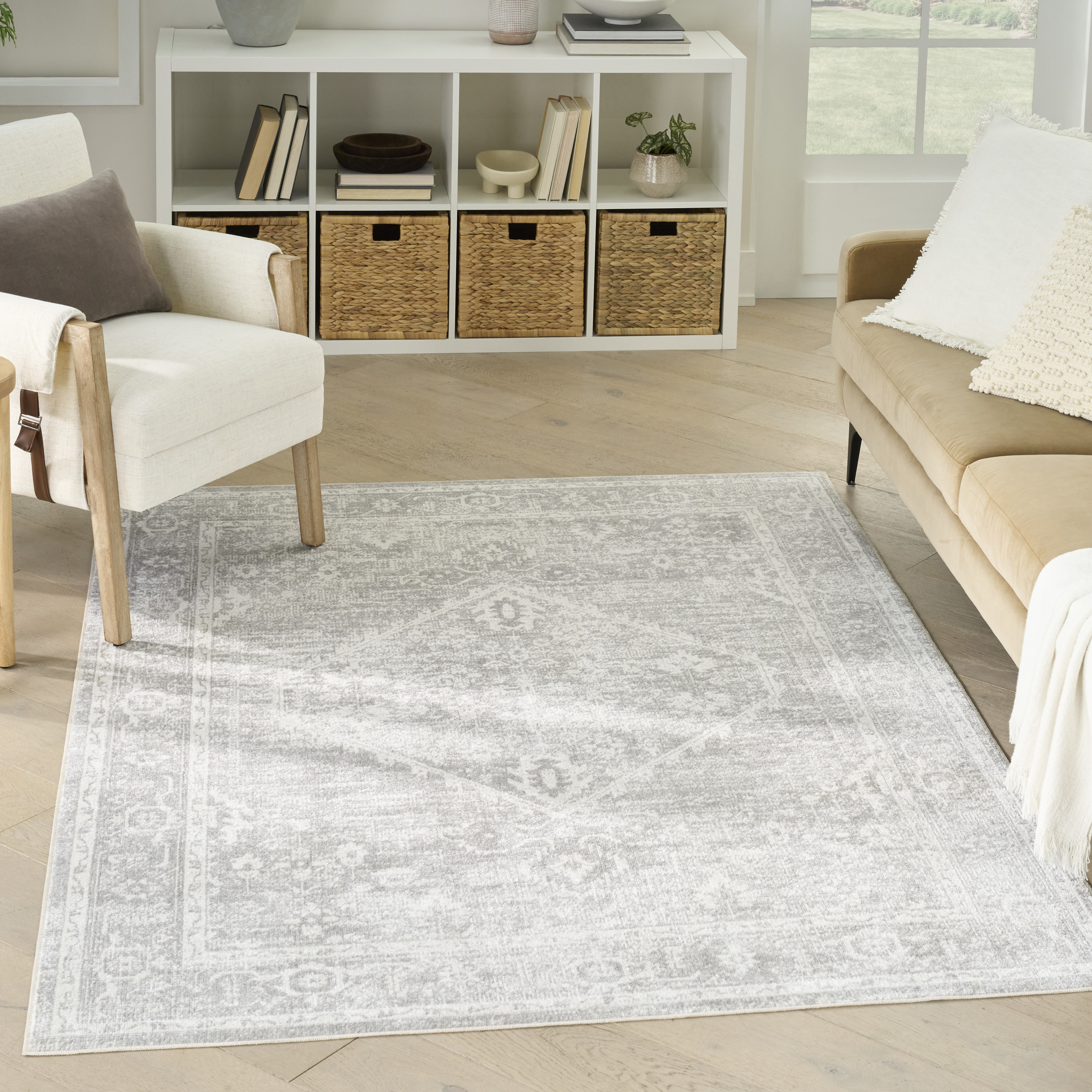 Nourison Astra Machine Washable 4' x 6' Light Grey Vintage Indoor Rug