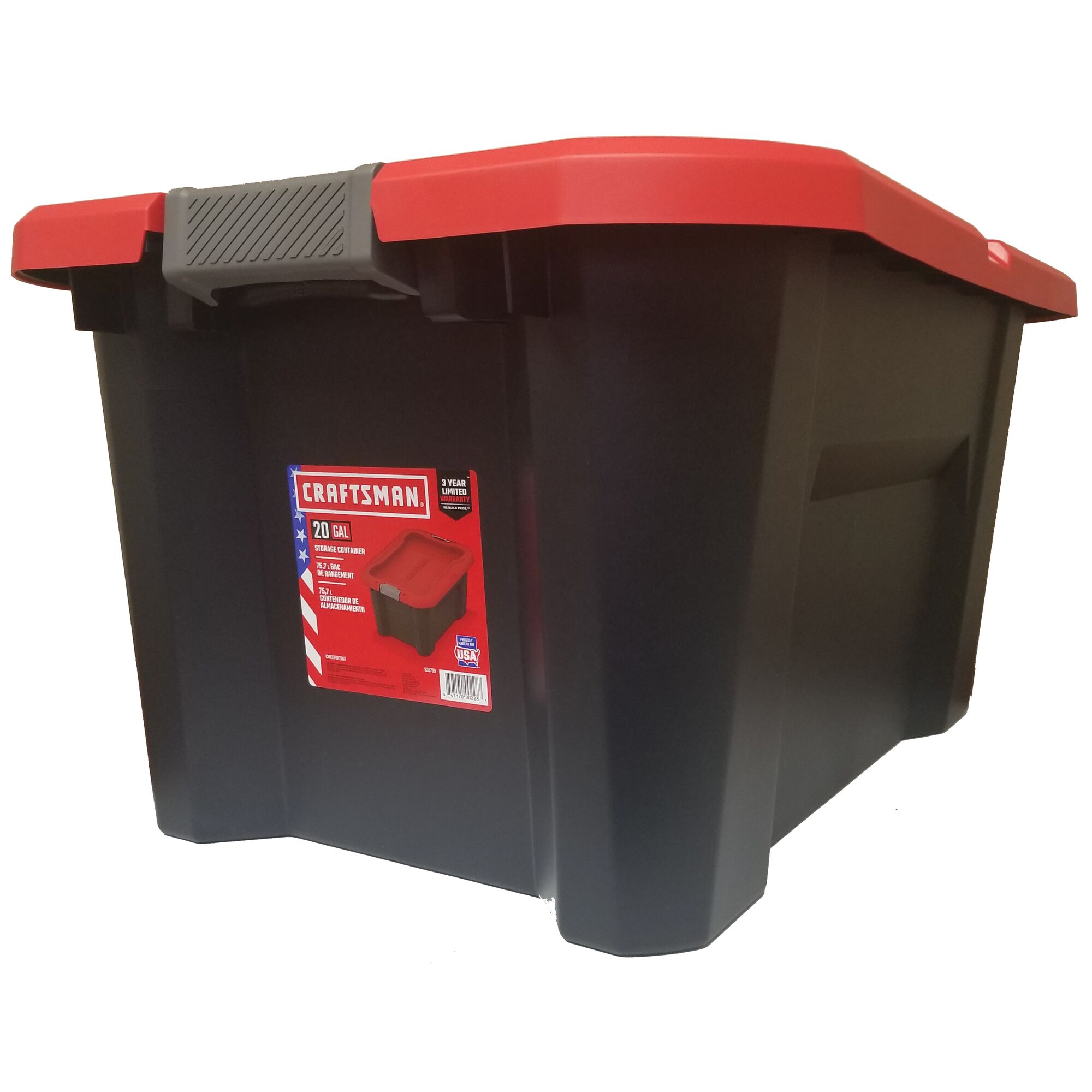 Right profile of 20 Gallon latching tote in packaging.