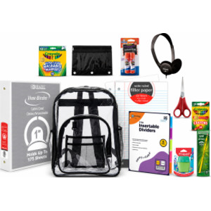 Grades 4-6 Back to School Supply Kit with Clear Backpack, Binder, Headphones, Writing, Art & Organization Supplies