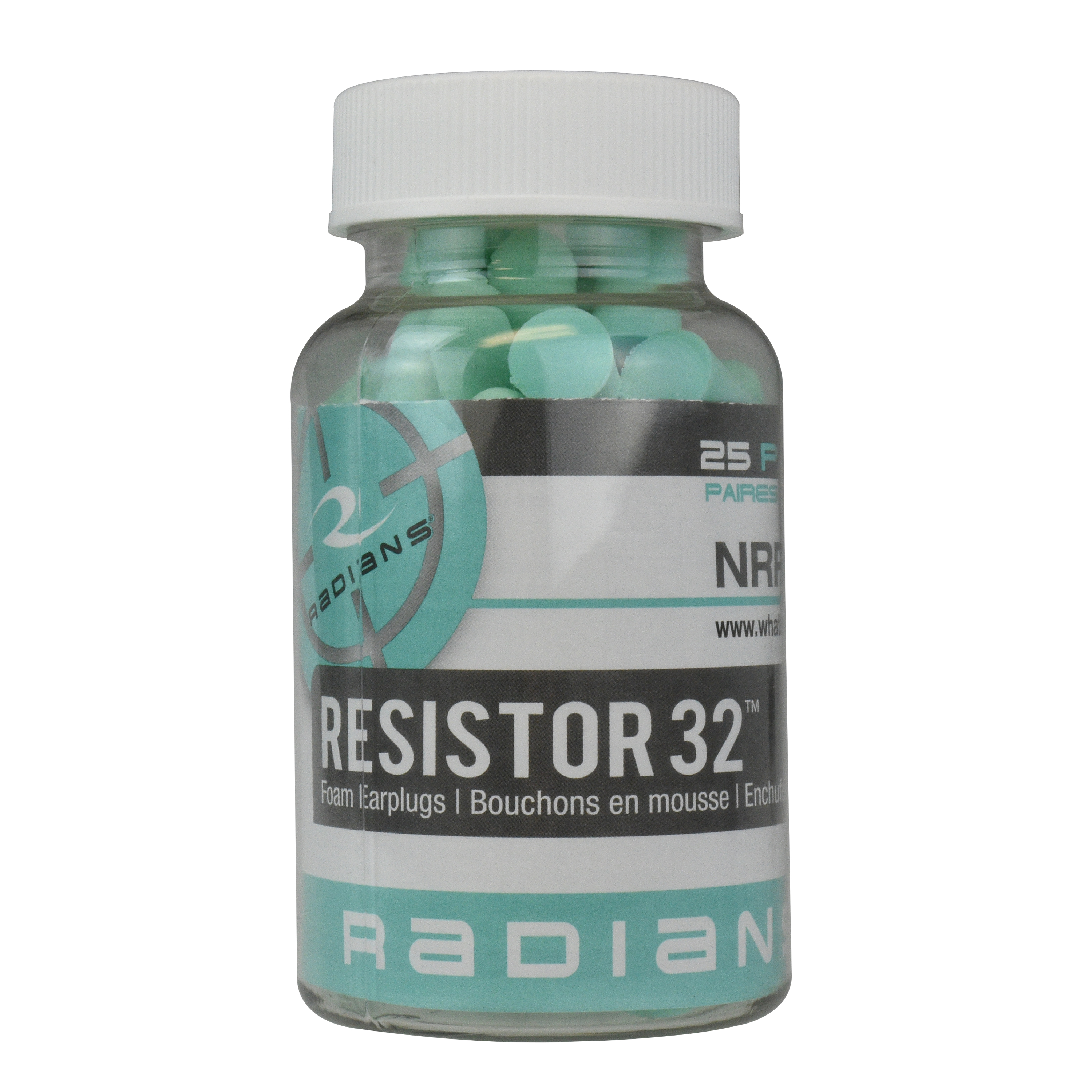 Radians Resistor® 32 Disposable Foam Earplugs - Bottle of 25 Aqua Uncorded