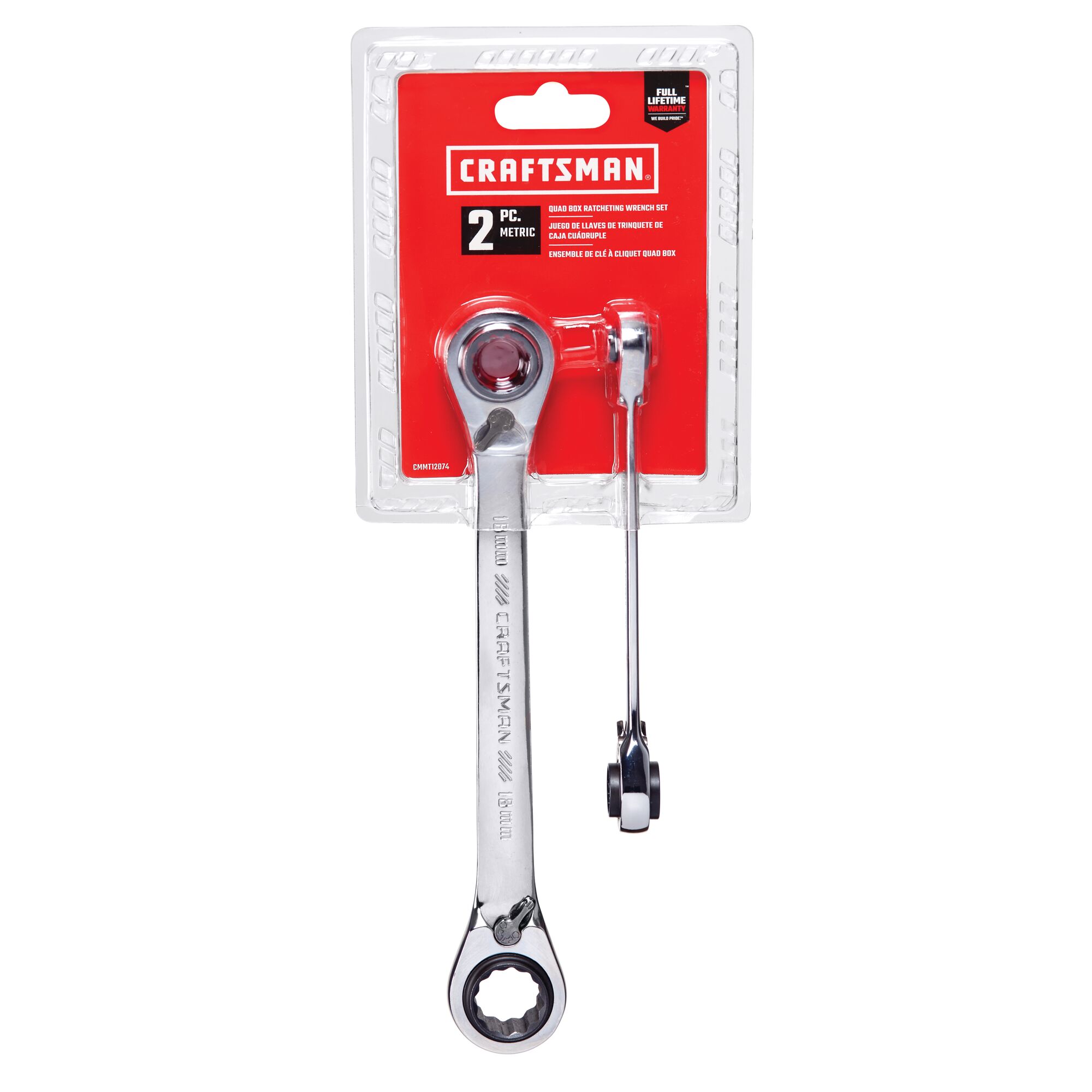 2 piece metric ratcheting box wrench set in plastic packaging.
