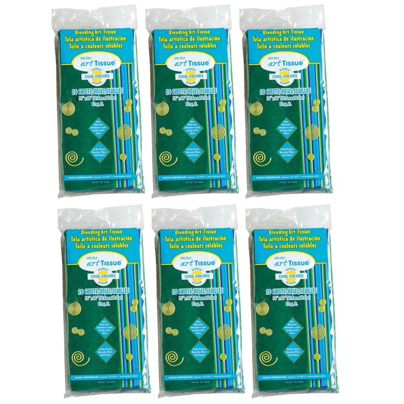 Deluxe Bleeding Art Tissue, 10 Color Cool Assortment, 20" x 30", 20 Sheets Per Pack, 6 Packs