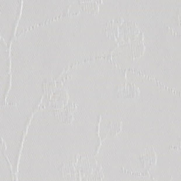 White embossed floral wallpaper covering a surface, showing subtle raised tulip motifs â€” revealing faint texture under soft diffuse light â€” interior wall with neutral, even lighting and no visible furnishings.