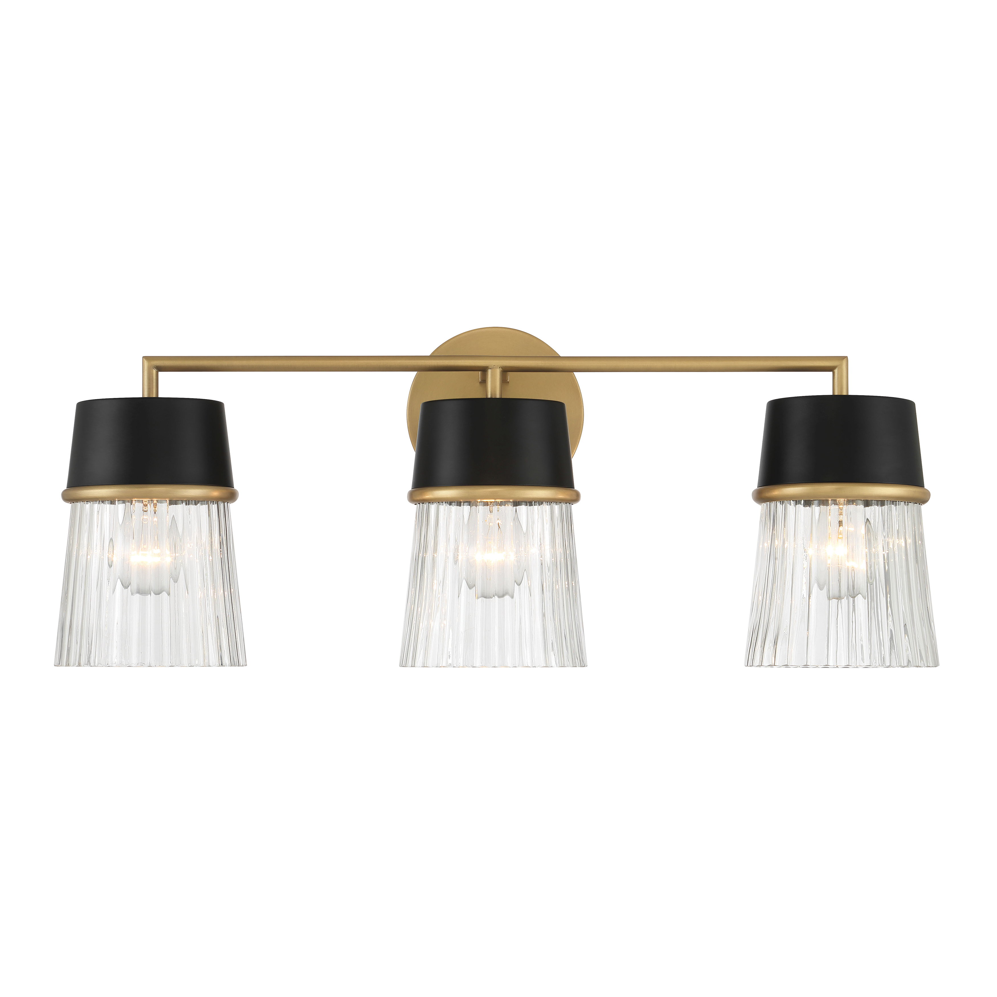 The Stamford 24" vanity light combines dark matte black with legacy brass accents and clear glass shades for a sophisticated transitional look. Perfect for medium-sized bathrooms, this 3-light fixture offers versatile style. - alternate view