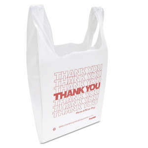 Inteplast, "Thank You" Handled T-Shirt Bag, Have a Nice Day Labeling, Cut-Out Handles, 11.5" x 6.5" x 21", White/Red,