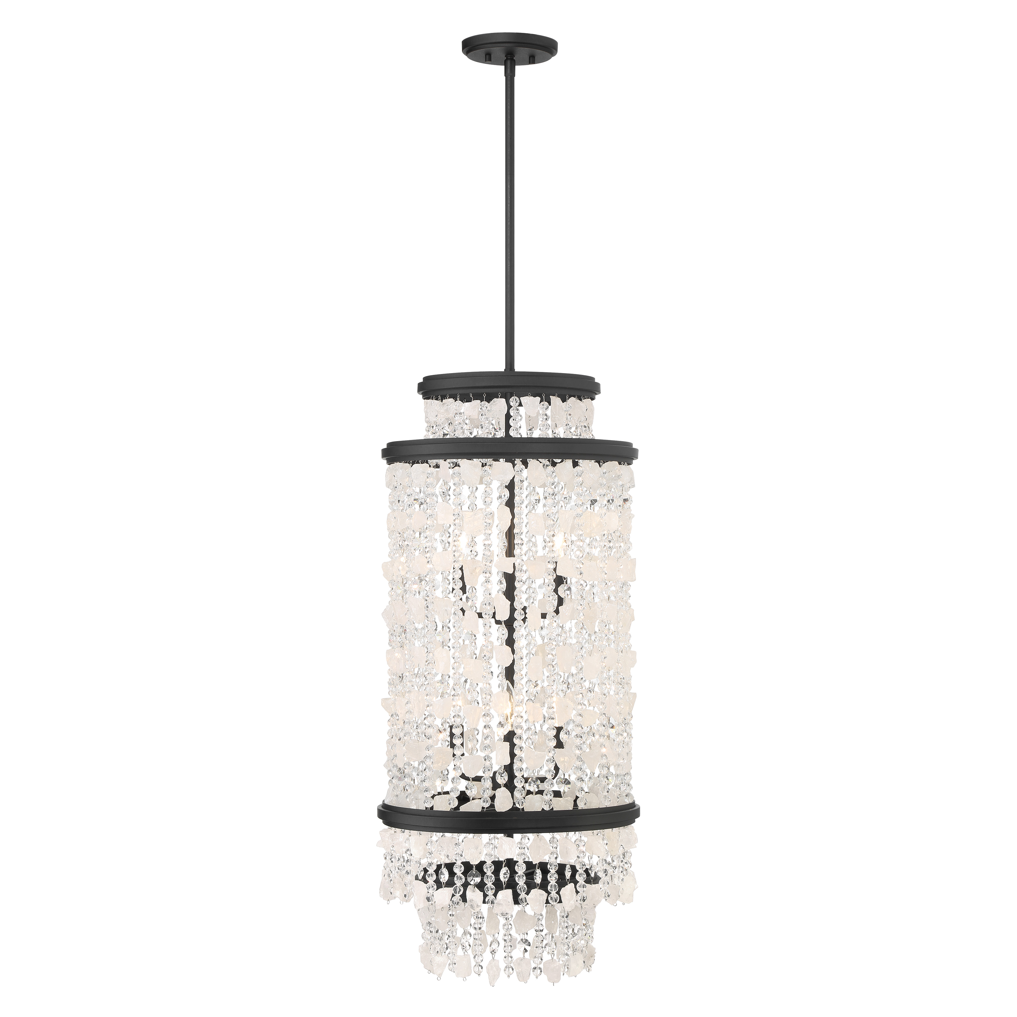 The Shimmering Elegance pendant combines contemporary design with glamorous crystal detailing. Six candelabra lights illuminate quartz crystalline and cut glass beads, creating stunning light refraction. The Sand Coal finish adds modern sophistication. - alternate view