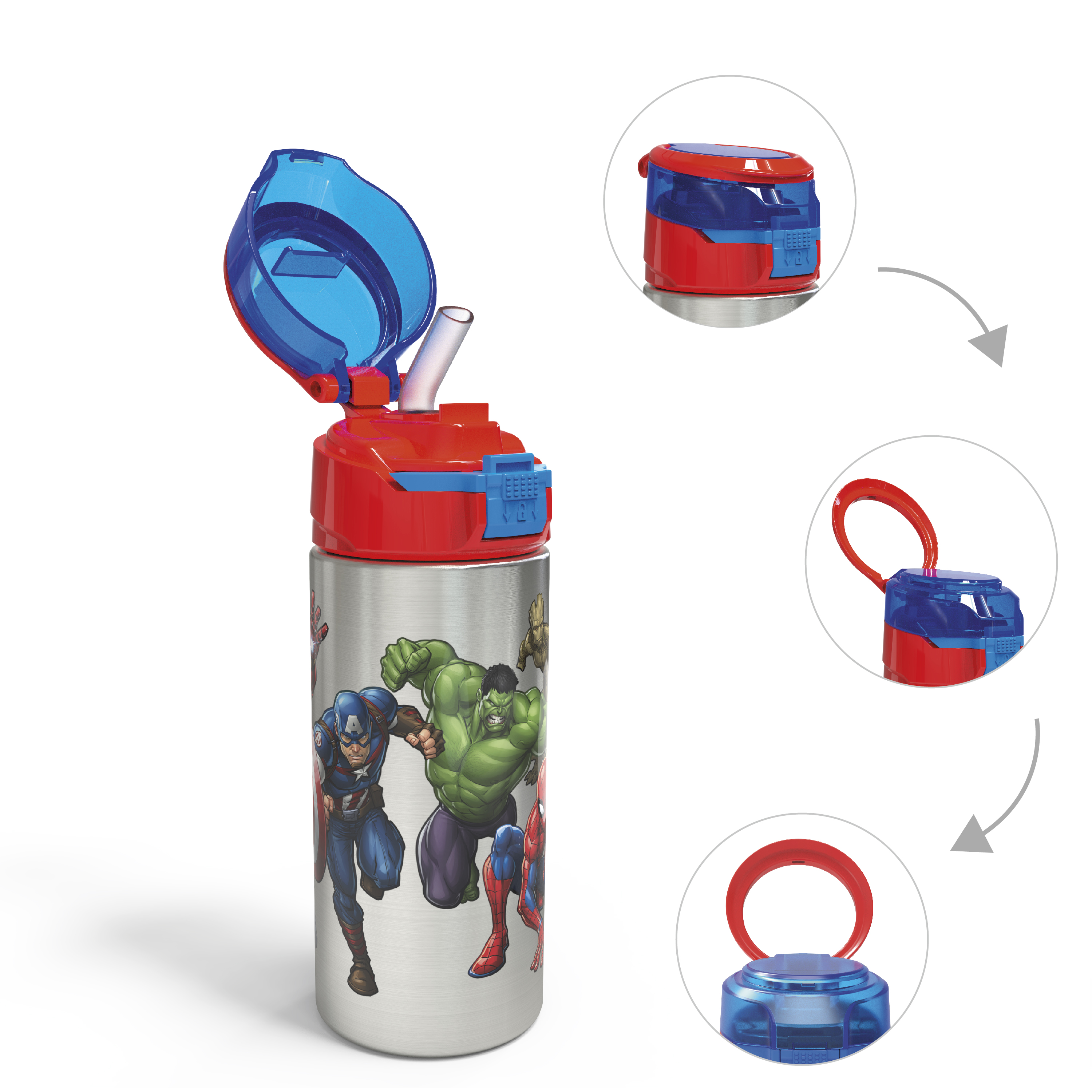 Marvel Comics 19.5 ounce Stainless Steel Water Bottle with Straw, Captain America, Spider-Man & The Hulk slideshow image 1