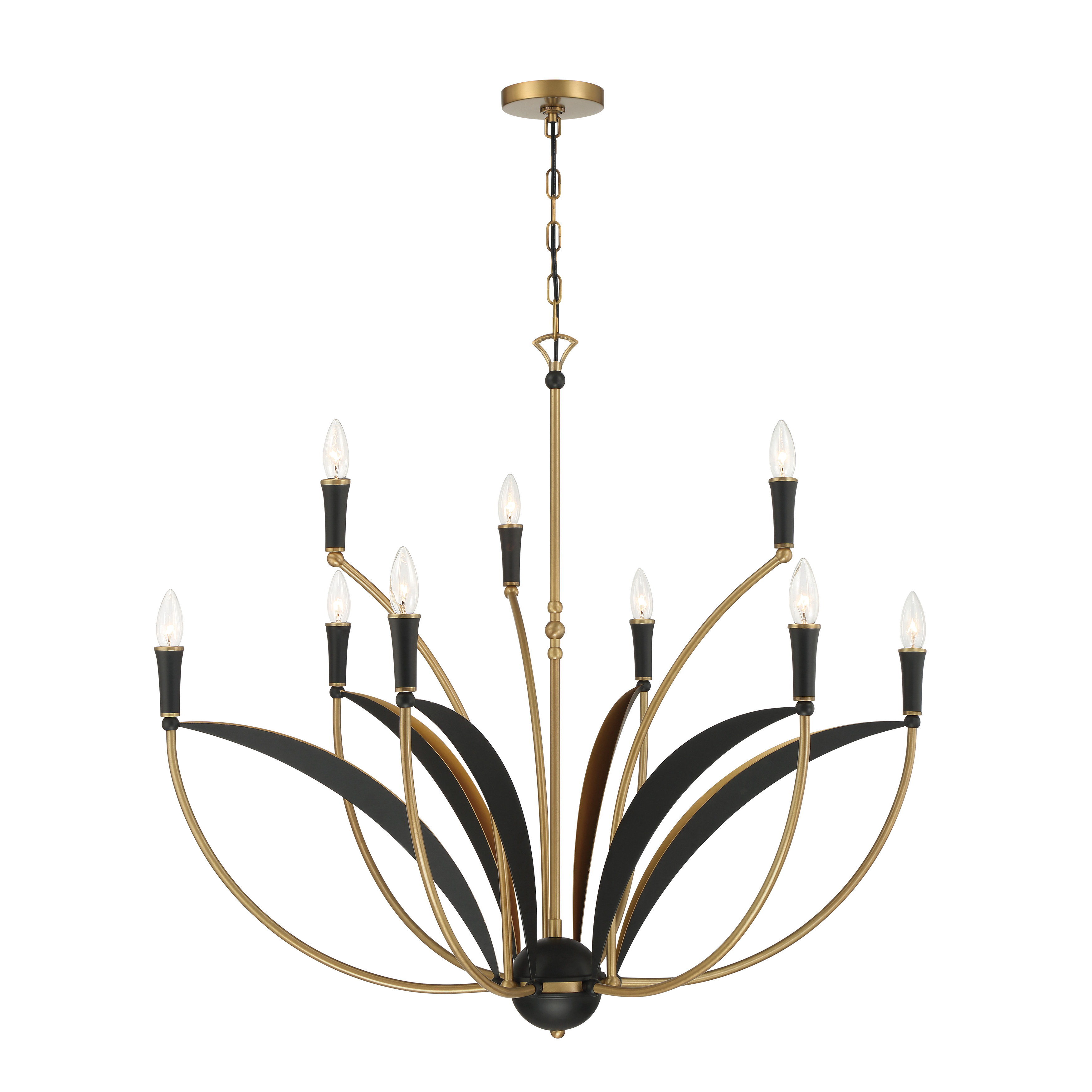 The Miller chandelier combines Legacy Brass warmth with Sand Coal Black accents in a substantial 35.5-inch design. Nine candelabra lights provide ample illumination while the transitional styling bridges traditional and contemporary aesthetics. - alternate view