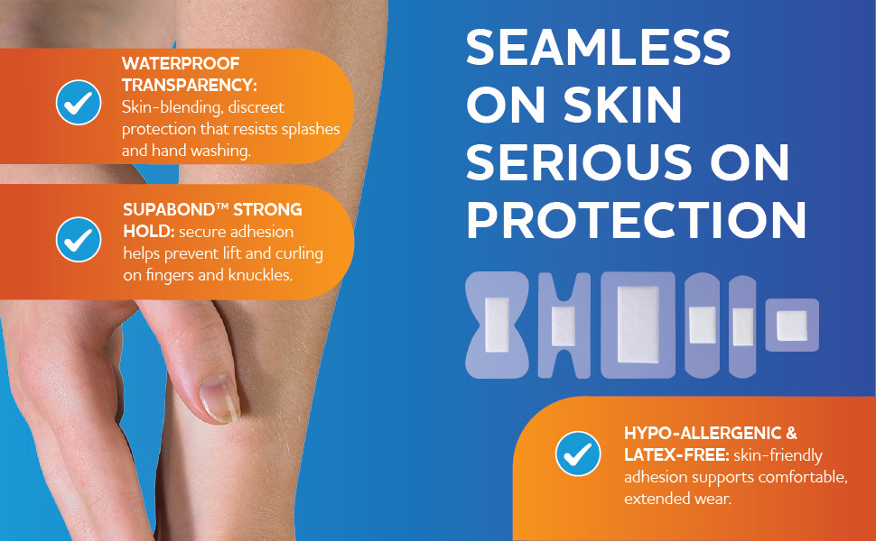 Seamless on Skin
Serious on Protection
Waterproof transparency: Skin-blending, discreet protection that resists splashes and hand washing.
SupaBond™ strong hold: secure adhesion helps prevent lift and curling on fingers and knuckles.
Hypo‑allergenic & latex‑free: skin‑friendly adhesion supports comfortable, extended wear.