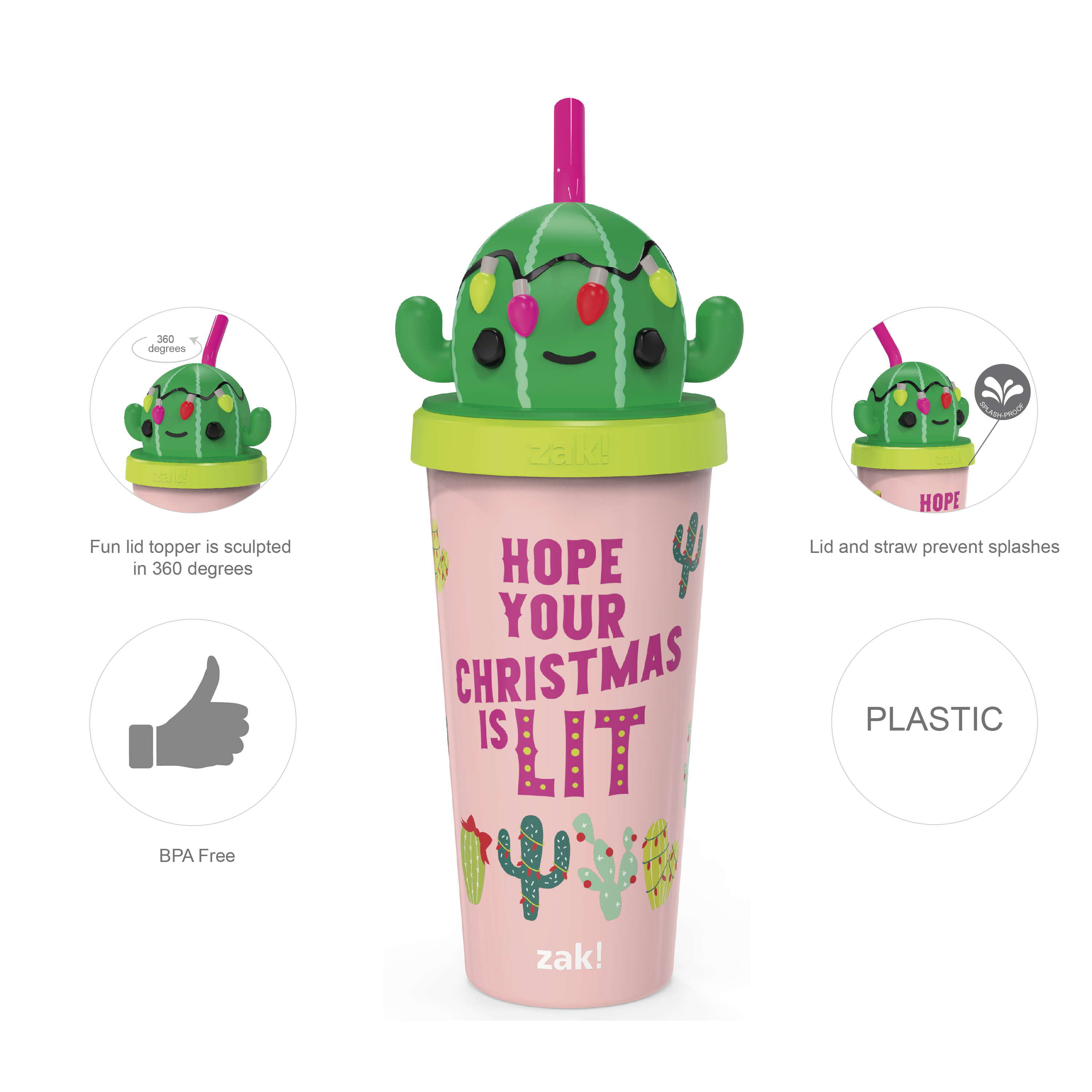 Zak Holiday 18 ounce Reusable Plastic Tumbler with Straw, Cactus slideshow image 4 Zak Holiday 18 ounce Reusable Plastic Tumbler with Straw, Cactus slideshow image 4