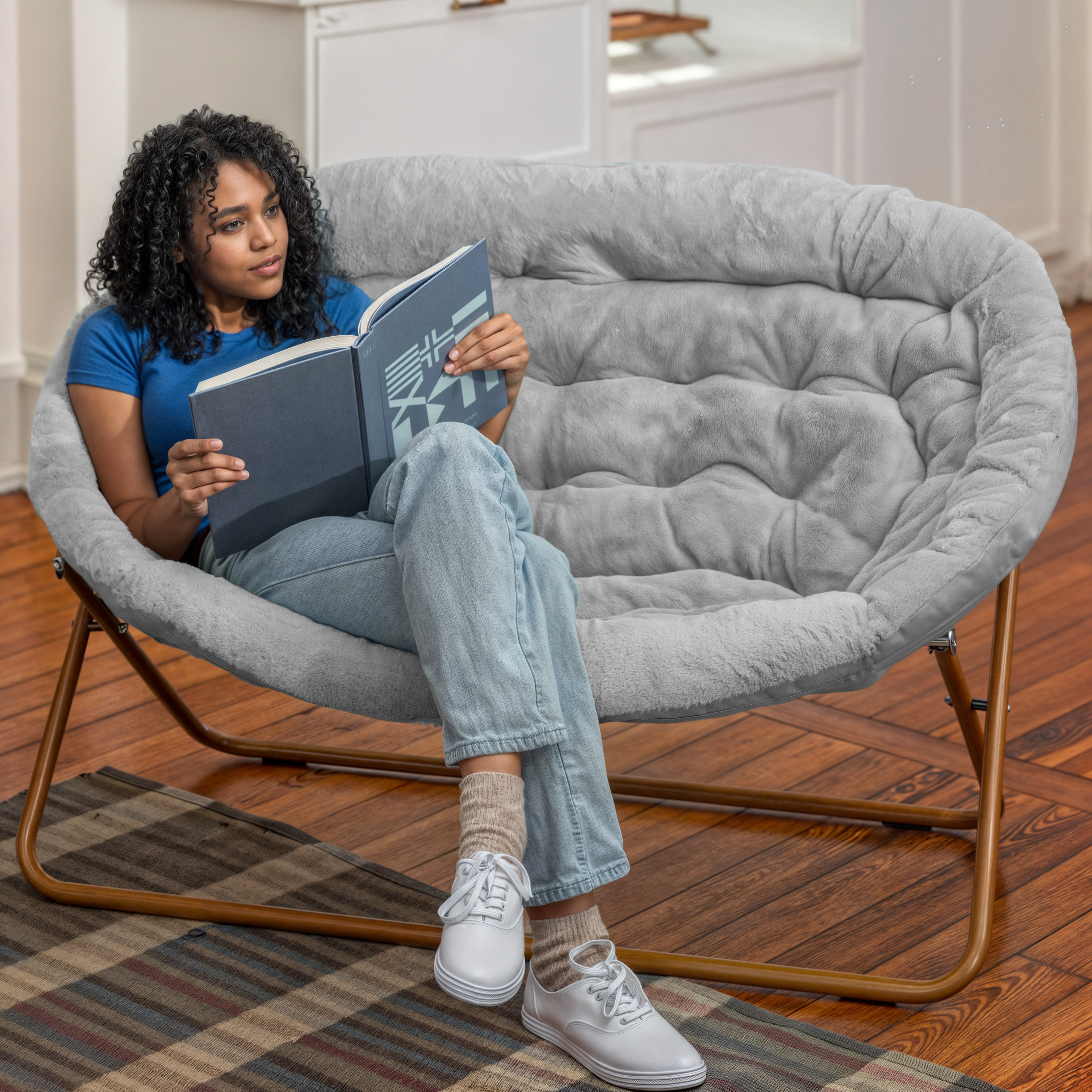 Janey Folding Double Saucer Chair in Gray Faux Fur with a Soft Gold Steel Fra... - Picture 8 of 47