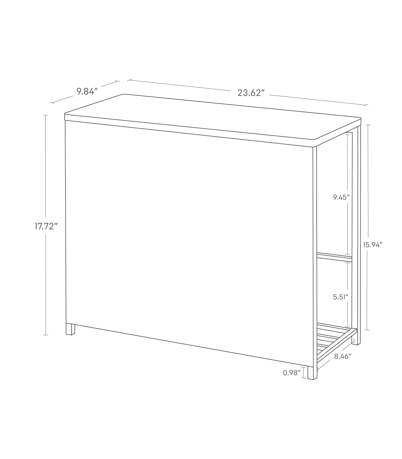 Dimension image for Entryway Storage Organizer showing length of 23.62 inches, width of 9.84 inches and total height of 17.72 inches