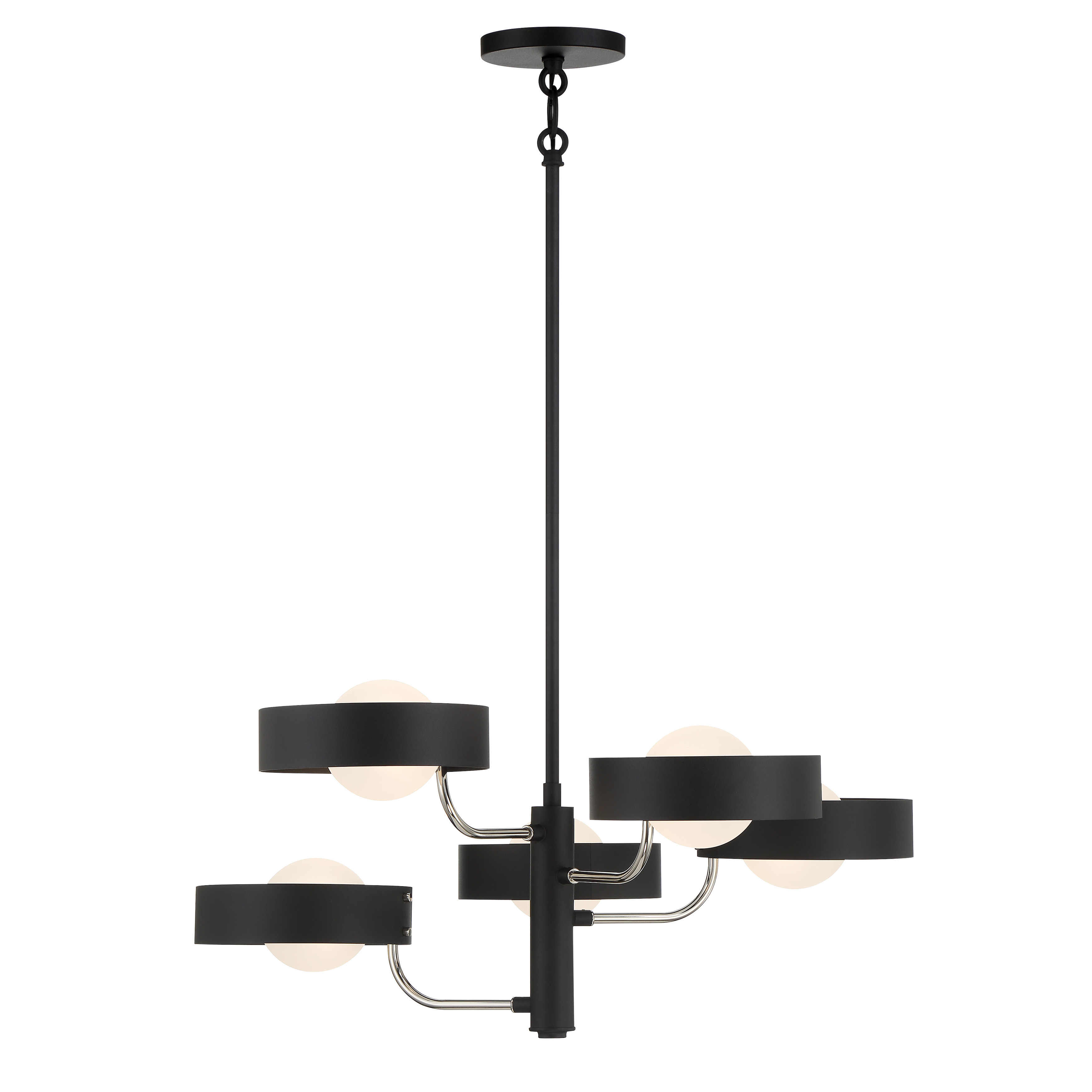 The Lift Off chandelier combines industrial-inspired coal black with polished nickel accents for a sophisticated modern look. Five G9 bulbs provide ample illumination through glass shades, perfect for dining areas and kitchen islands. - alternate view