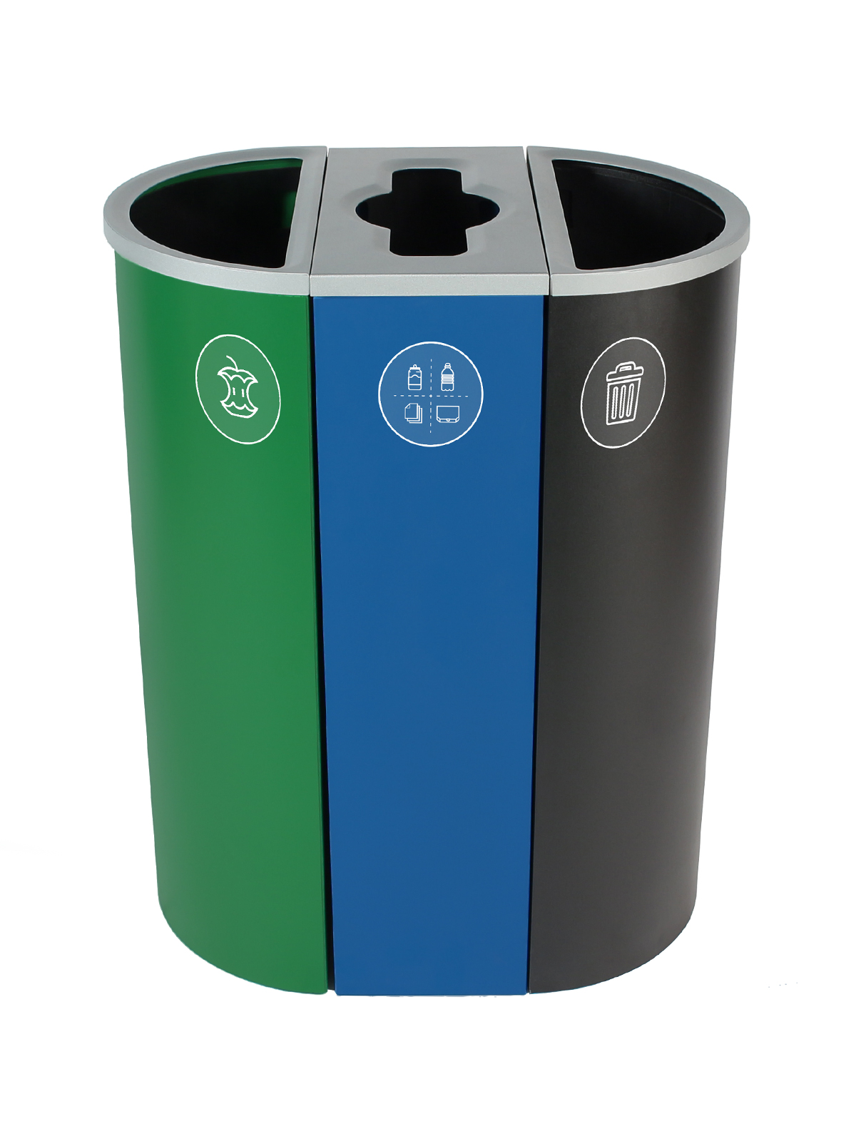 SPECTRUM – Triple – Kit – Organics-Mixed Recyclables-Waste – Full-Mixed-Full – Green-Blue-Black
