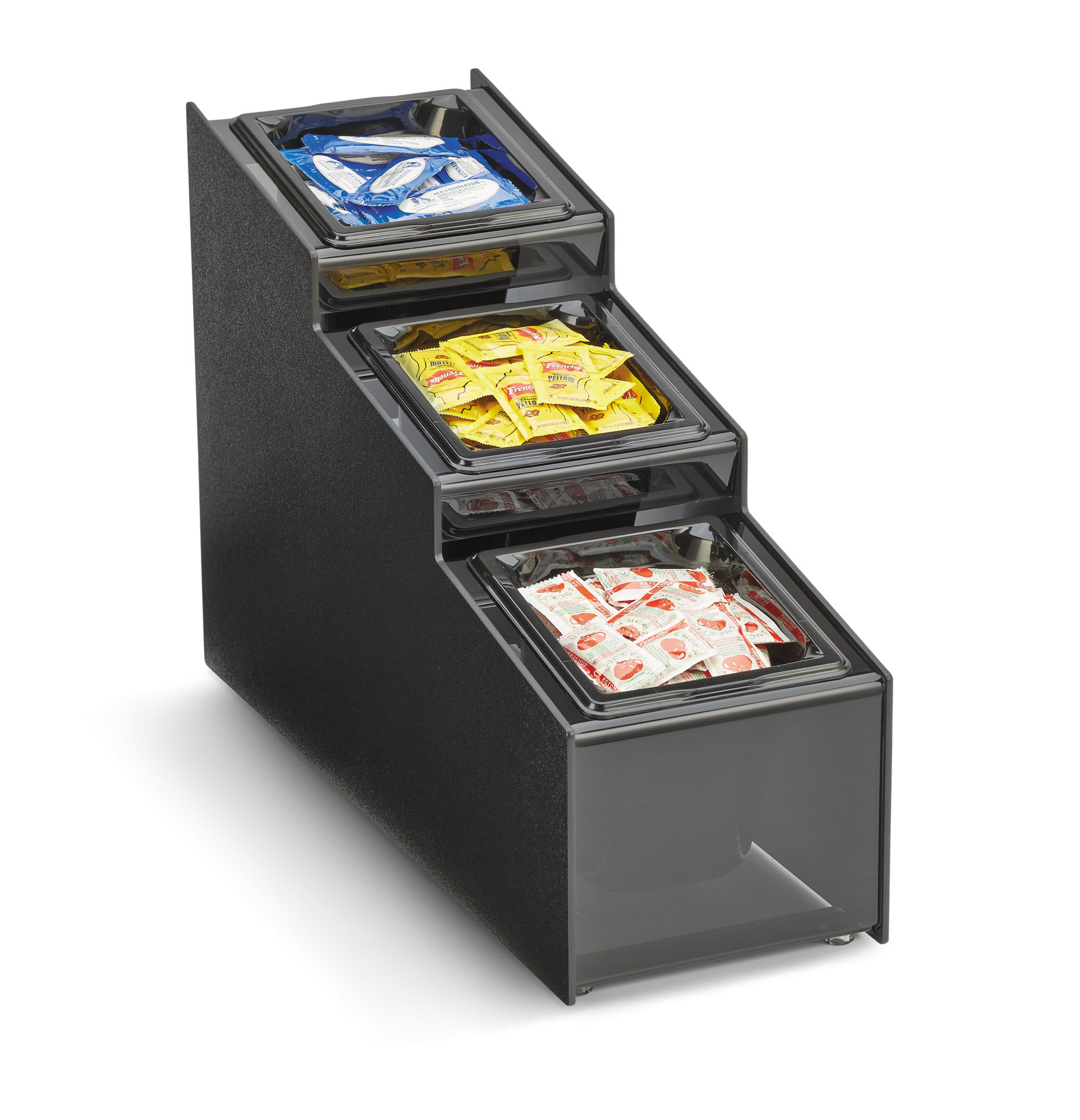 countertop condiment organizer with removable black plastic pans