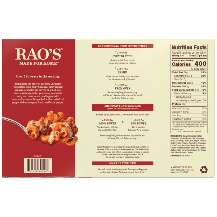 Cavatappi Arrabbiata with Spicy Sausage Frozen, 64 oz - Back Image