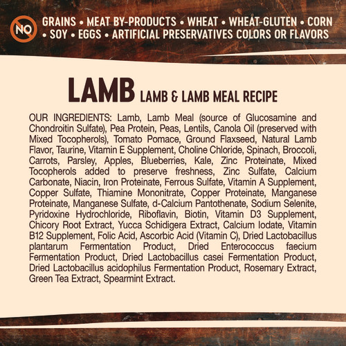 <p>Lamb, Lamb Meal (source of Glucosamine and Chondroitin Sulfate), Pea Protein, Peas, Lentils, Canola Oil (preserved with Mixed Tocopherols), Tomato Pomace, Ground Flaxseed, Natural Lamb Flavor, Taurine, Vitamin E Supplement, Choline Chloride, Spinach, Broccoli, Carrots, Parsley, Apples, Blueberries, Kale, Zinc Proteinate, Mixed Tocopherols added to preserve freshness, Zinc Sulfate, Calcium Carbonate, Niacin, Iron Proteinate, Ferrous Sulfate, Vitamin A Supplement, Copper Sulfate, Thiamine Mononitrate, Copper Proteinate, Manganese Proteinate, Manganese Sulfate, d-Calcium Pantothenate, Sodium Selenite, Pyridoxine Hydrochloride, Riboflavin, Biotin, Vitamin D3 Supplement, Chicory Root Extract, Yucca Schidigera Extract, Calcium Iodate, Vitamin B12 Supplement, Folic Acid, Ascorbic Acid (Vitamin C), Dried Lactobacillus plantarum Fermentation Product, Dried Enterococcus faecium Fermentation Product, Dried Lactobacillus casei Fermentation Product, Dried Lactobacillus acidophilus Fermentation Product, Rosemary Extract, Green Tea Extract, Spearmint Extract.</p>
<p>This is a naturally preserved product.</p>
