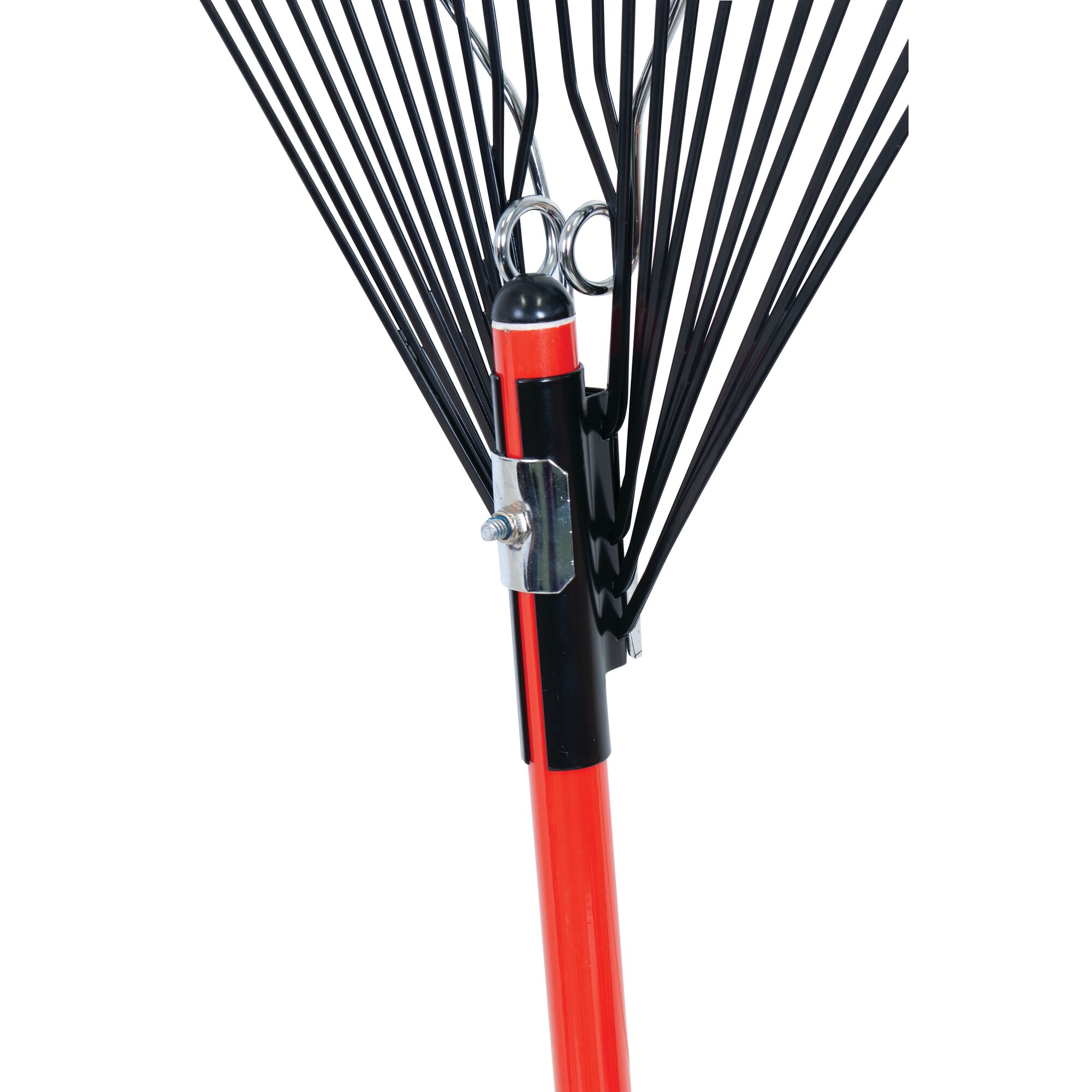 Flexible steel tines feature in 24 inch tine fiberglass handle lawn rake.