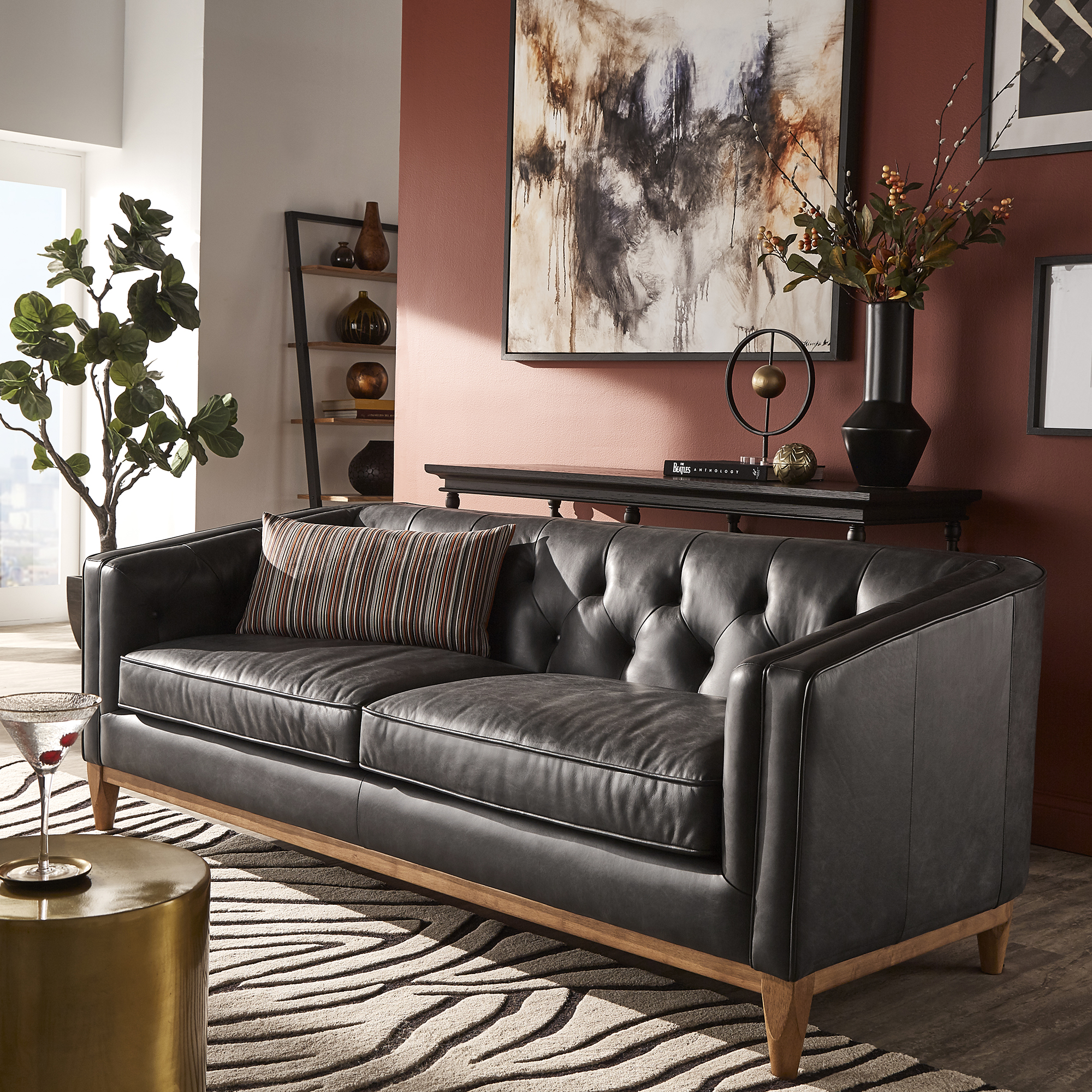 Dark Oak and Black All Leather Button Tufted Loveseat