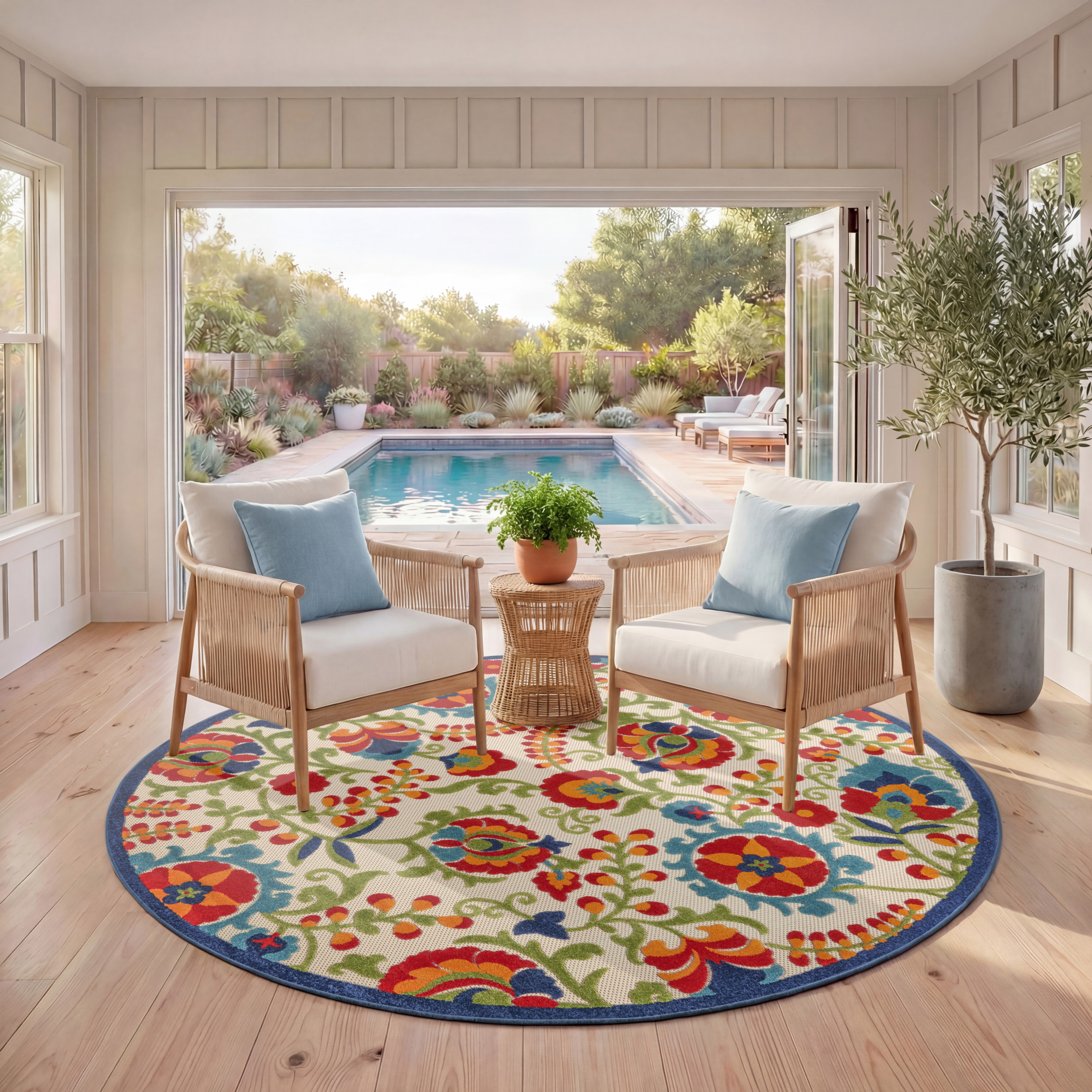 Nourison Aloha 5'3" x Round Multicolor Farmhouse Rug