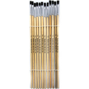 Flat Tip Easel Paint Brushes with Long Handle, 0.25 Inch, Natural Handles and Black Bristles, 12/Pack