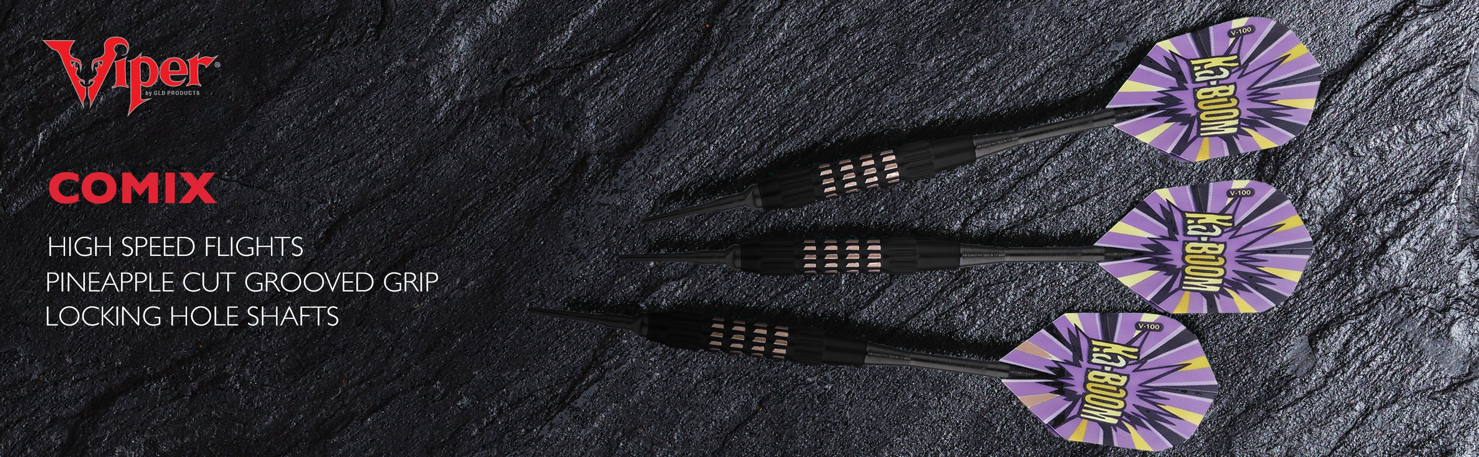 Three Viper Comix darts with blue barrels, white grip bands, and blue flights printed with yellow 'BAM!' text on dark textured background