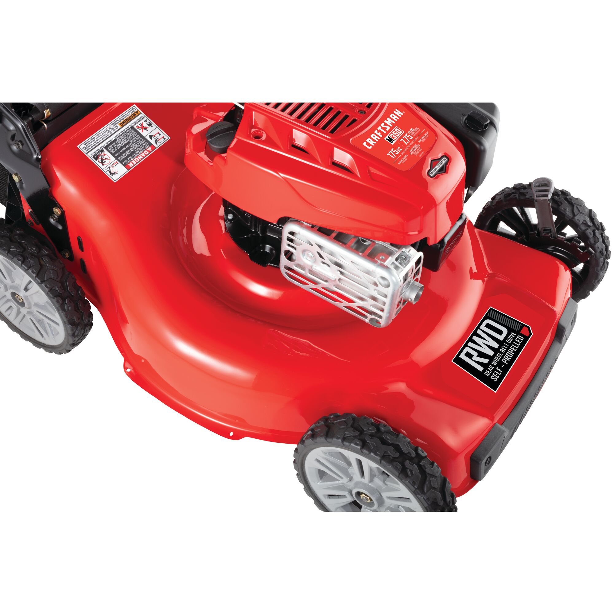 Powerful motor feature of 23 inch 175 c c r w d self propelled mower.