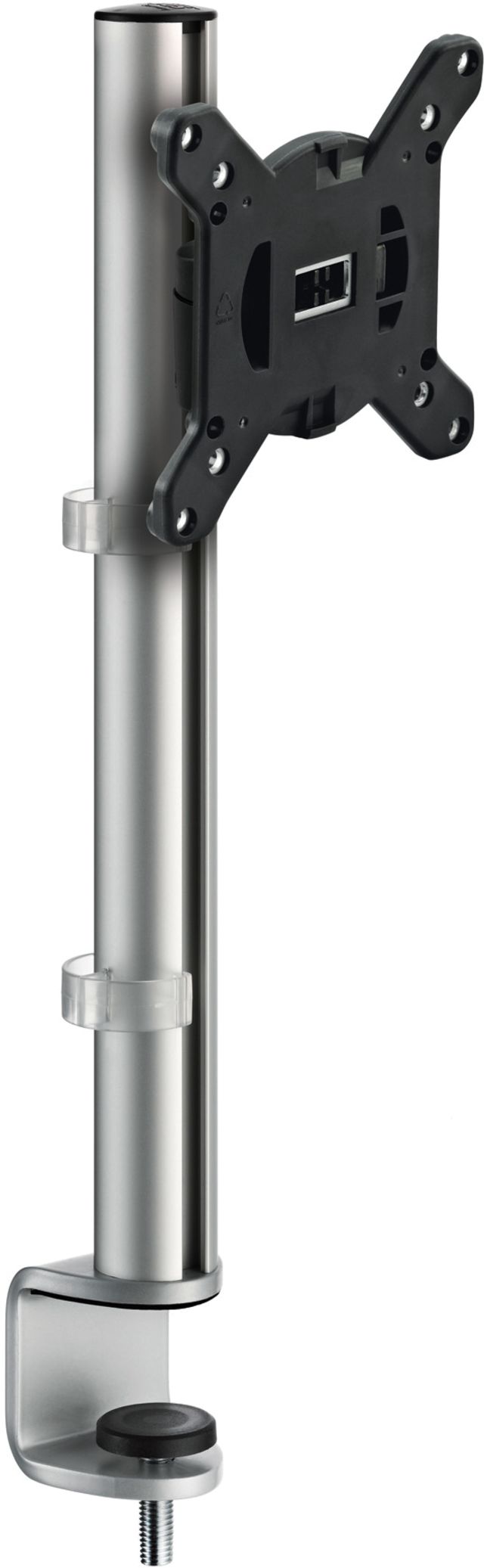 A single monitor arm set with system clamp mount for adjustable, ergonomic monitor display.