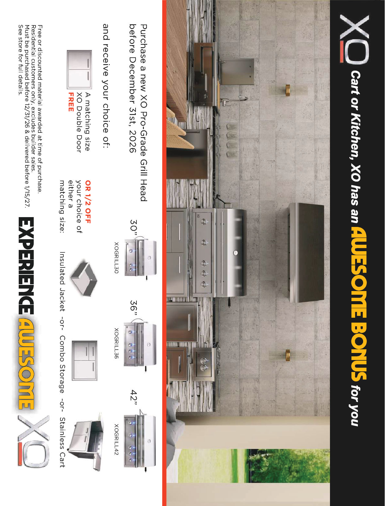 XO Pro Grade grill promotion: free matching double door or half off a matching accessory. Purchase before December 31, 2026, delivery before January 15, 2027.