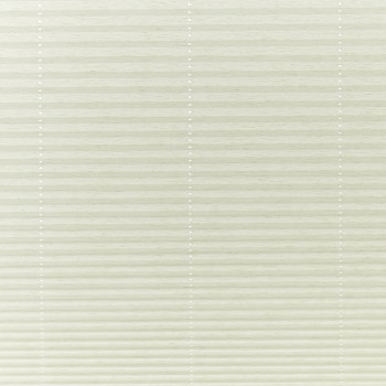 Cream cellular pleated blinds covering the window, closed and gently filtering soft daylight; three faint vertical cord lines with small white grommets, neutral interior lighting.