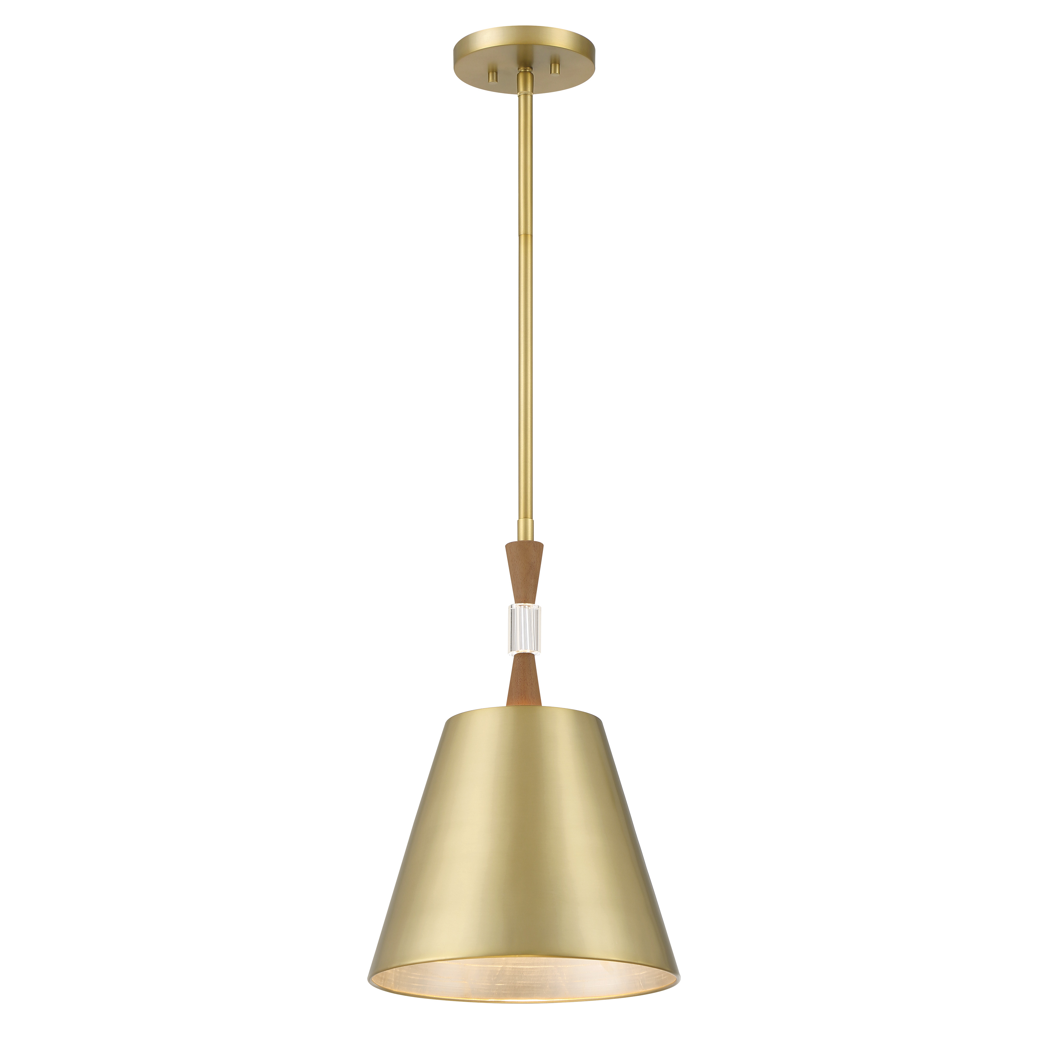The Baratti pendant combines soft brass metalwork with natural wood and sparkling crystal accents for a sophisticated yet approachable look. Its compact 12-inch width makes it perfect for smaller spaces or clustered installations. - alternate view