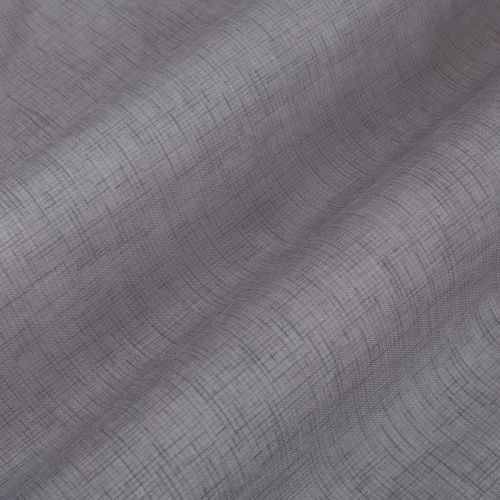 Textured gray curtain panel with fine crosshatch pattern, draped in soft vertical folds, gently filtering light against a neutral, softly lit interior.