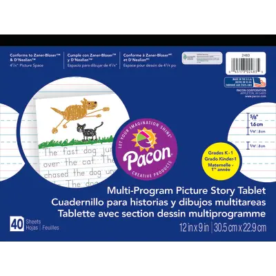 Pacon  Multi-Program Handwriting Tablet, D'Nealian Grade K / Zaner-Bloser Grade 1, 5/8 in x 5/16 in x 5/16 in ruled with 4-1/4 in picture story space 12