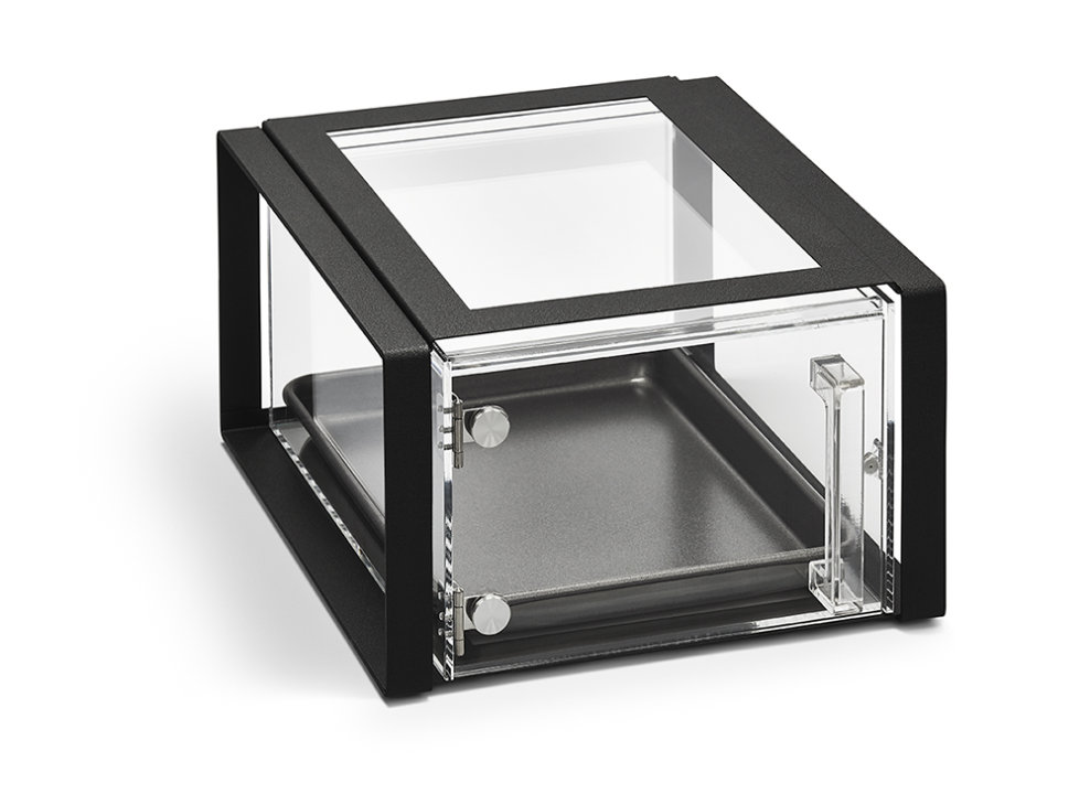 Cubic modular display bin with ½-size drawer and black frame