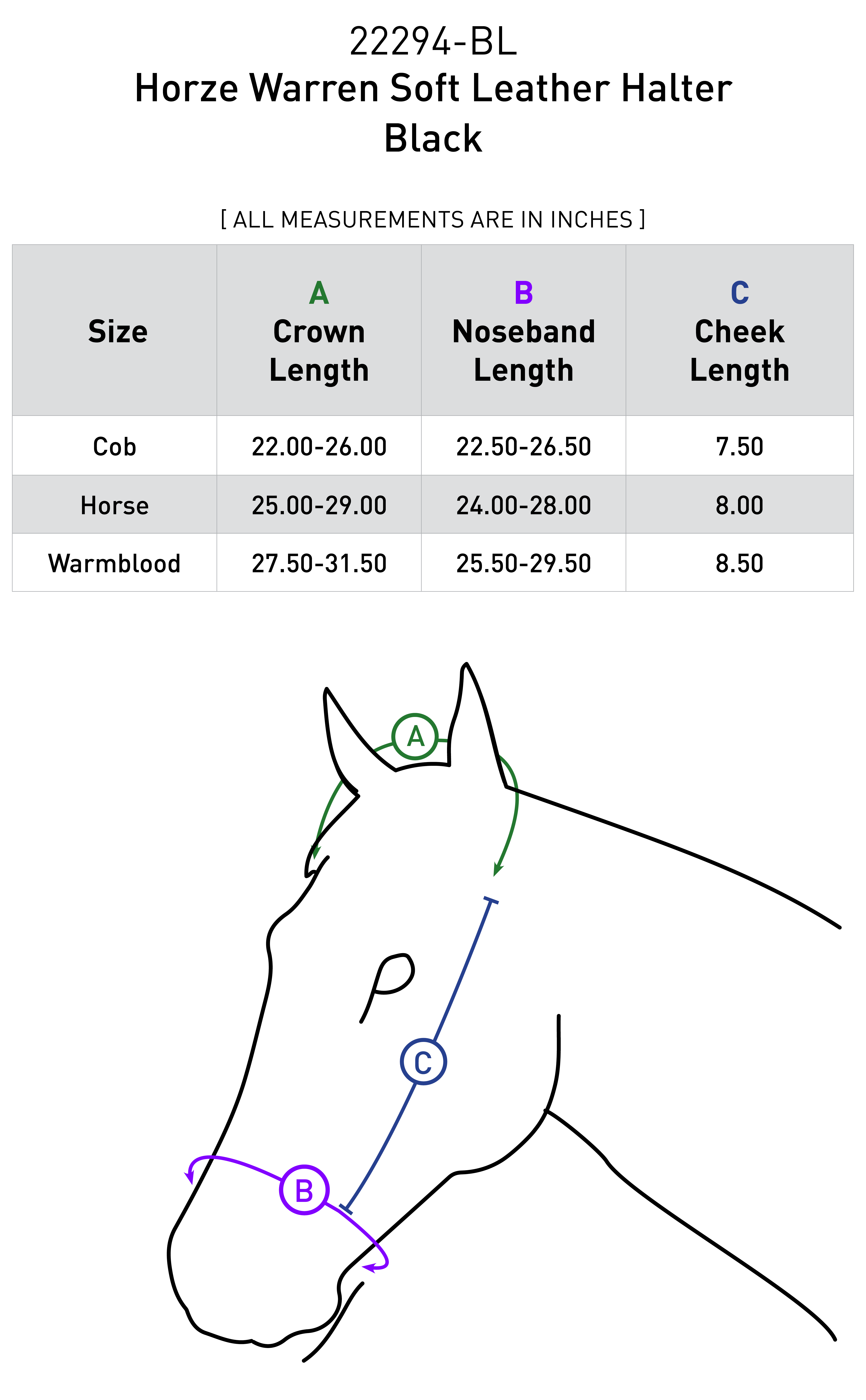 Size chart for Horze Warren Soft Leather Halter - Black