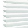 Layered horizontal zebra blind with alternating pale aqua translucent and opaque white fabric stripes, hanging lowered; filtering daylight and softly diffusing light in a bright, minimal indoor setting.