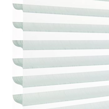 Layered horizontal zebra blind with alternating pale aqua translucent and opaque white fabric stripes, hanging lowered; filtering daylight and softly diffusing light in a bright, minimal indoor setting.